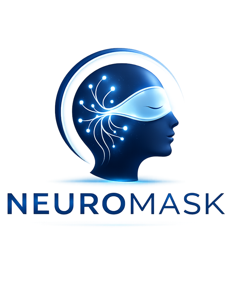 A blue and white digital graphic logo for 'NEUROMASK' featuring a stylized profile of a human head with a glowing mask over the eyes and intricate circuit-like patterns inside the head, set against a plain white background.